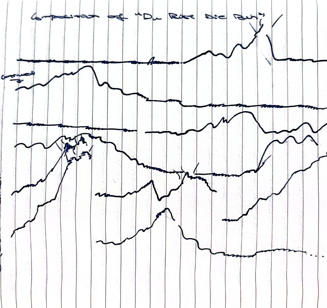 Blue ink contour lines drawn across lined notebook paper, each line rising and falling with the melody of Du bist die Ruh, with the title written by hand at the top.